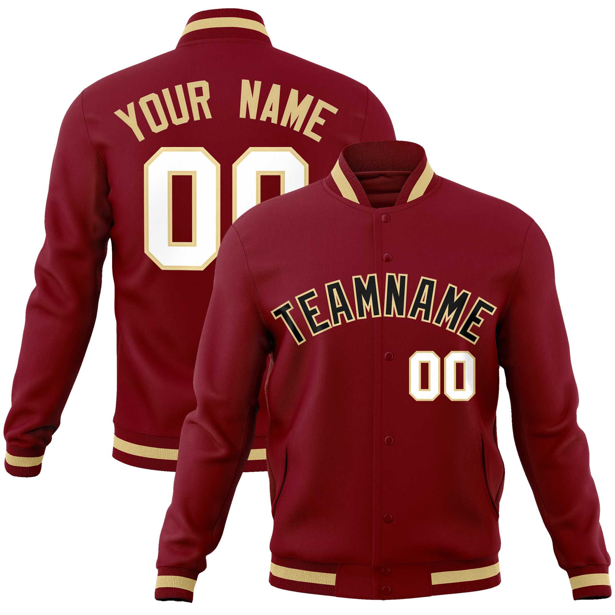 Custom Crimson Black-Khaki Classic Style Varsity Full-Snap Letterman Jacket