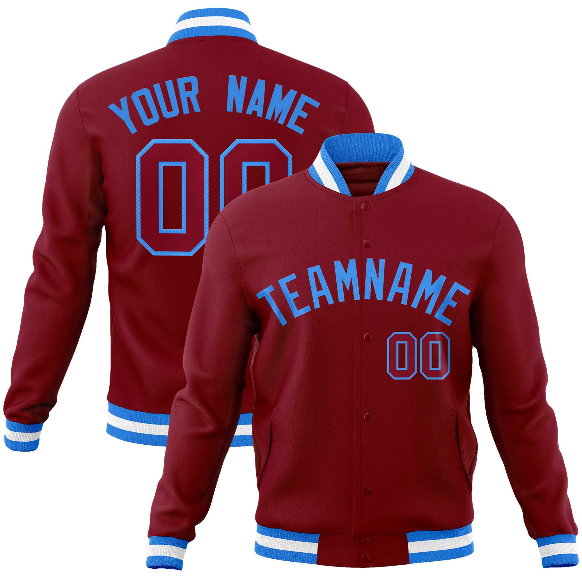 Custom Crimson Powder Blue Classic Style Varsity Full-Snap Letterman Jacket