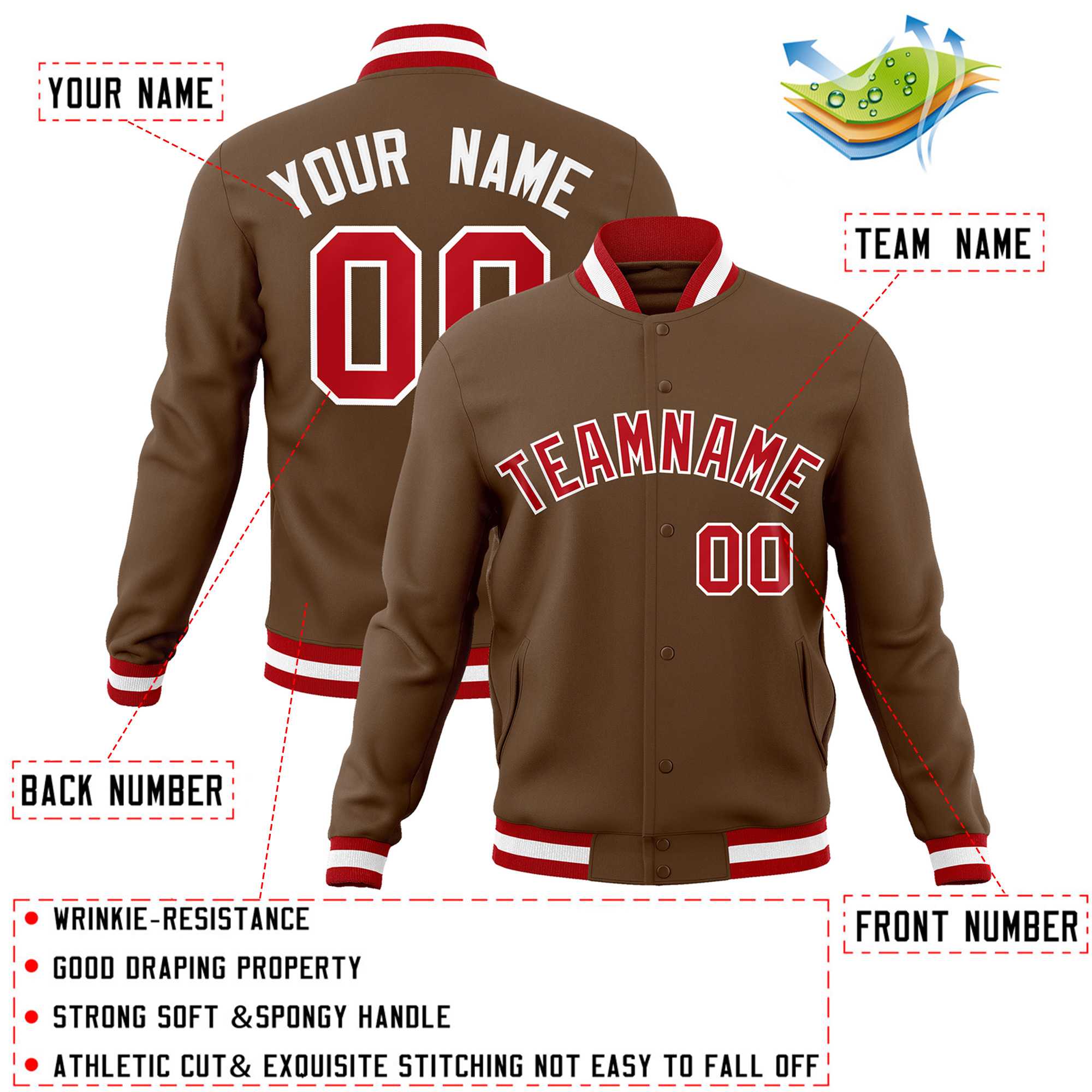 Custom Light Brown Red-White Classic Style Varsity Full-Snap Letterman Jacket