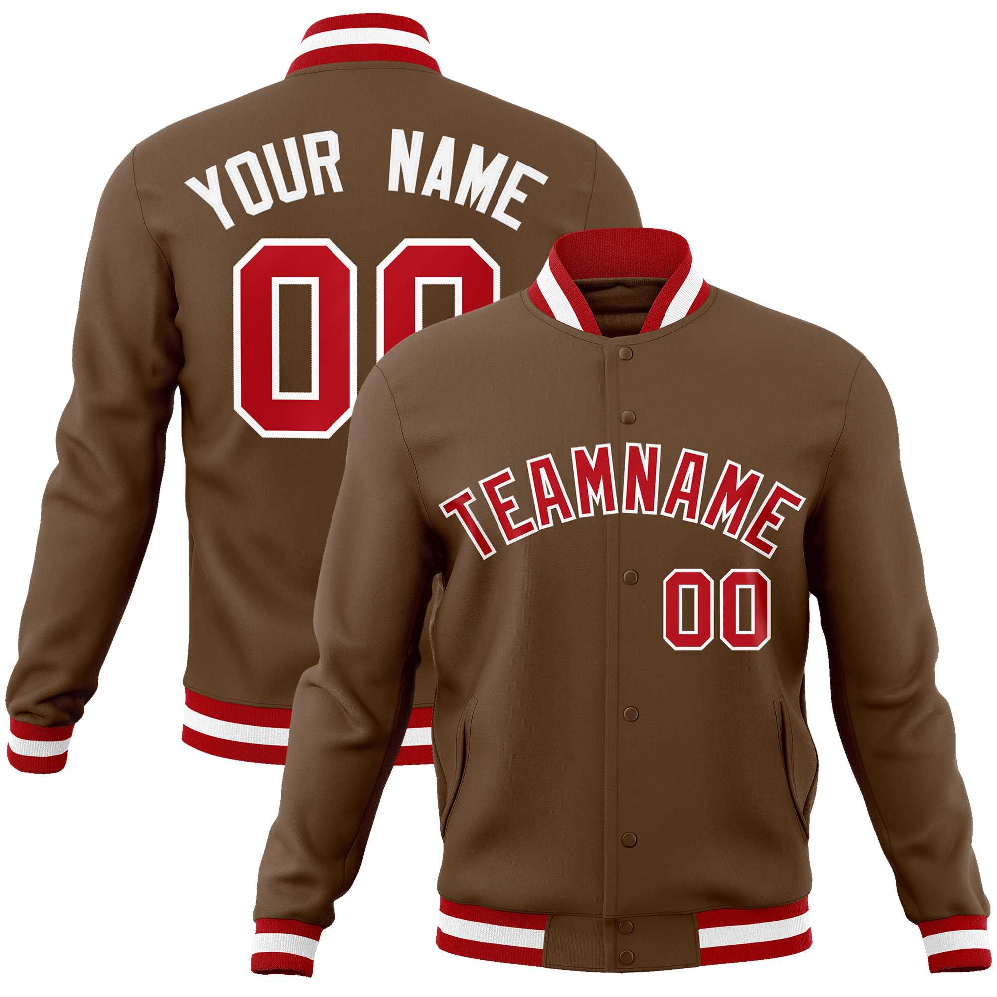 Custom Light Brown Red-White Classic Style Varsity Full-Snap Letterman Jacket