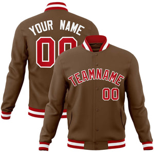 Custom Light Brown Red-White Classic Style Varsity Full-Snap Letterman Jacket