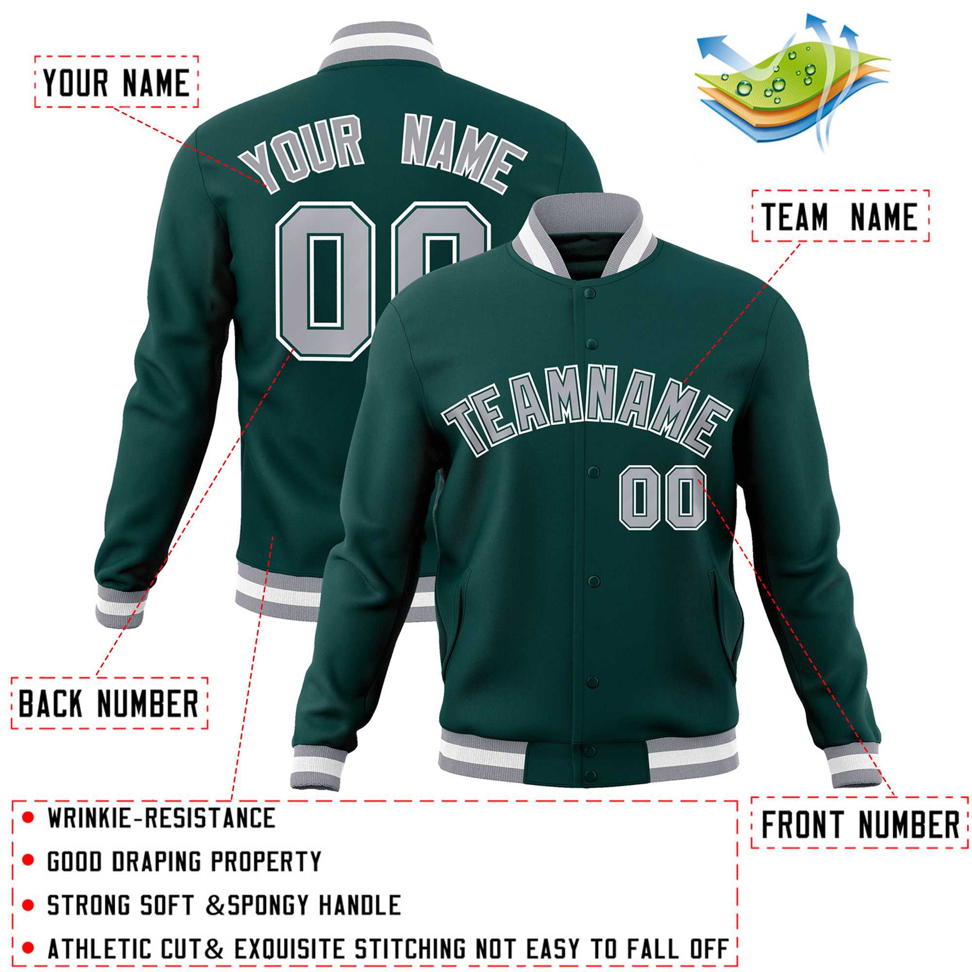 Custom Midnight Green Gray-White Classic Style Varsity Full-Snap Letterman Jacket