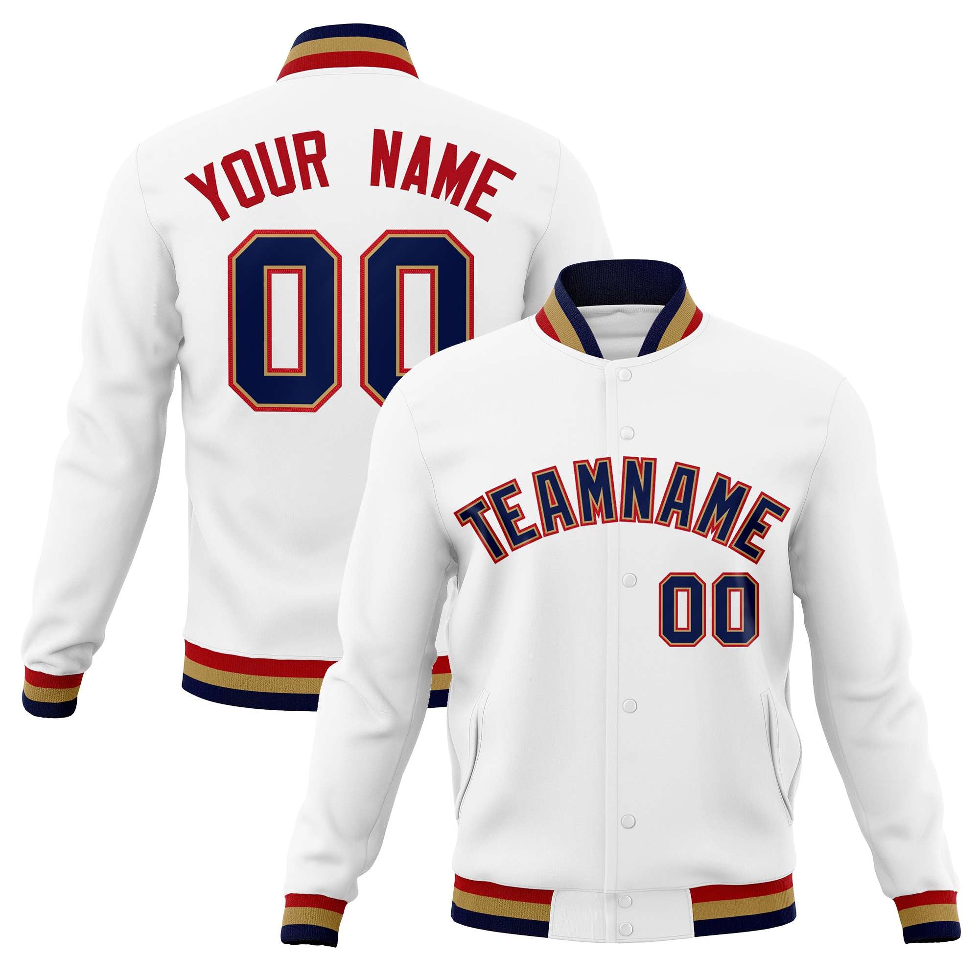 Custom White Navy-Red Classic Style Varsity Full-Snap Letterman Jacket