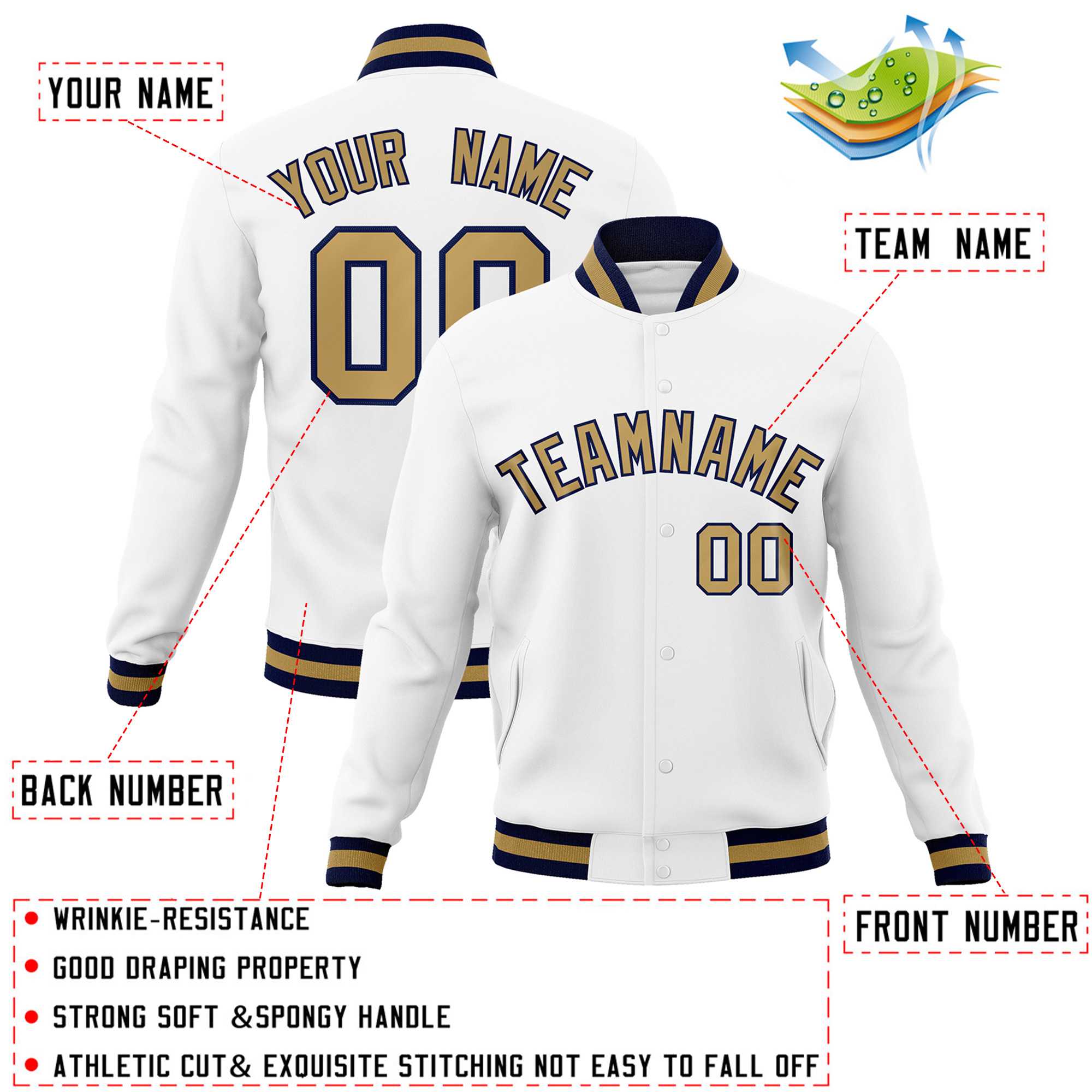 Custom White Old Gold-Navy Classic Style Varsity Full-Snap Letterman Jacket