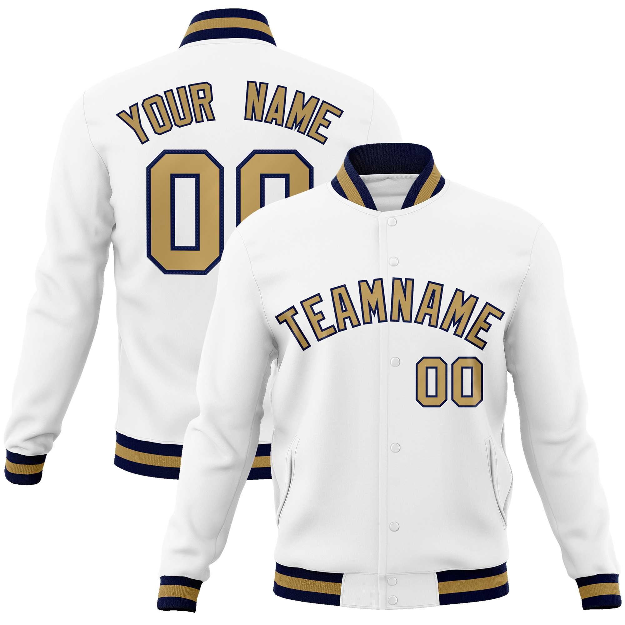 Custom White Old Gold-Navy Classic Style Varsity Full-Snap Letterman Jacket