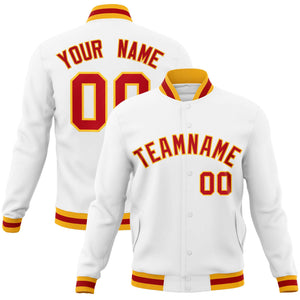 Custom White Red-Gold Classic Style Varsity Full-Snap Letterman Jacket