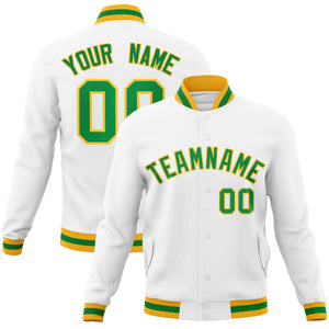 Custom White Kelly Green-Gold Classic Style Varsity Full-Snap Letterman Jacket