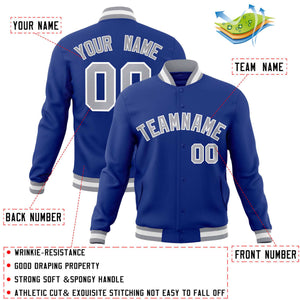 Custom Royal Gray-White Classic Style Varsity Full-Snap Letterman Jacket