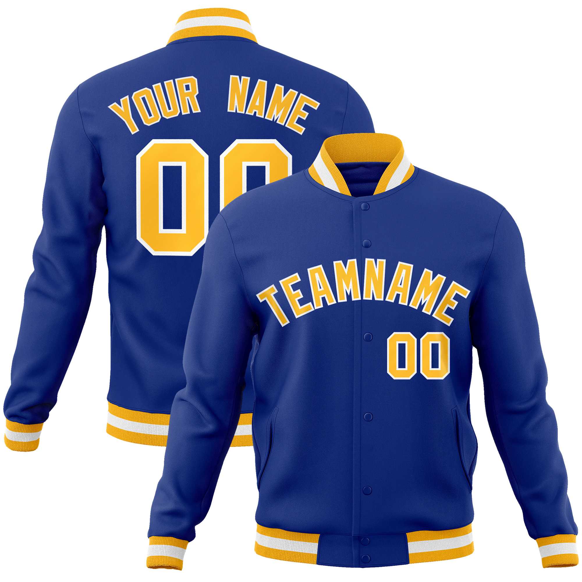 Custom Royal Gold-White Classic Style Varsity Full-Snap Letterman Jacket