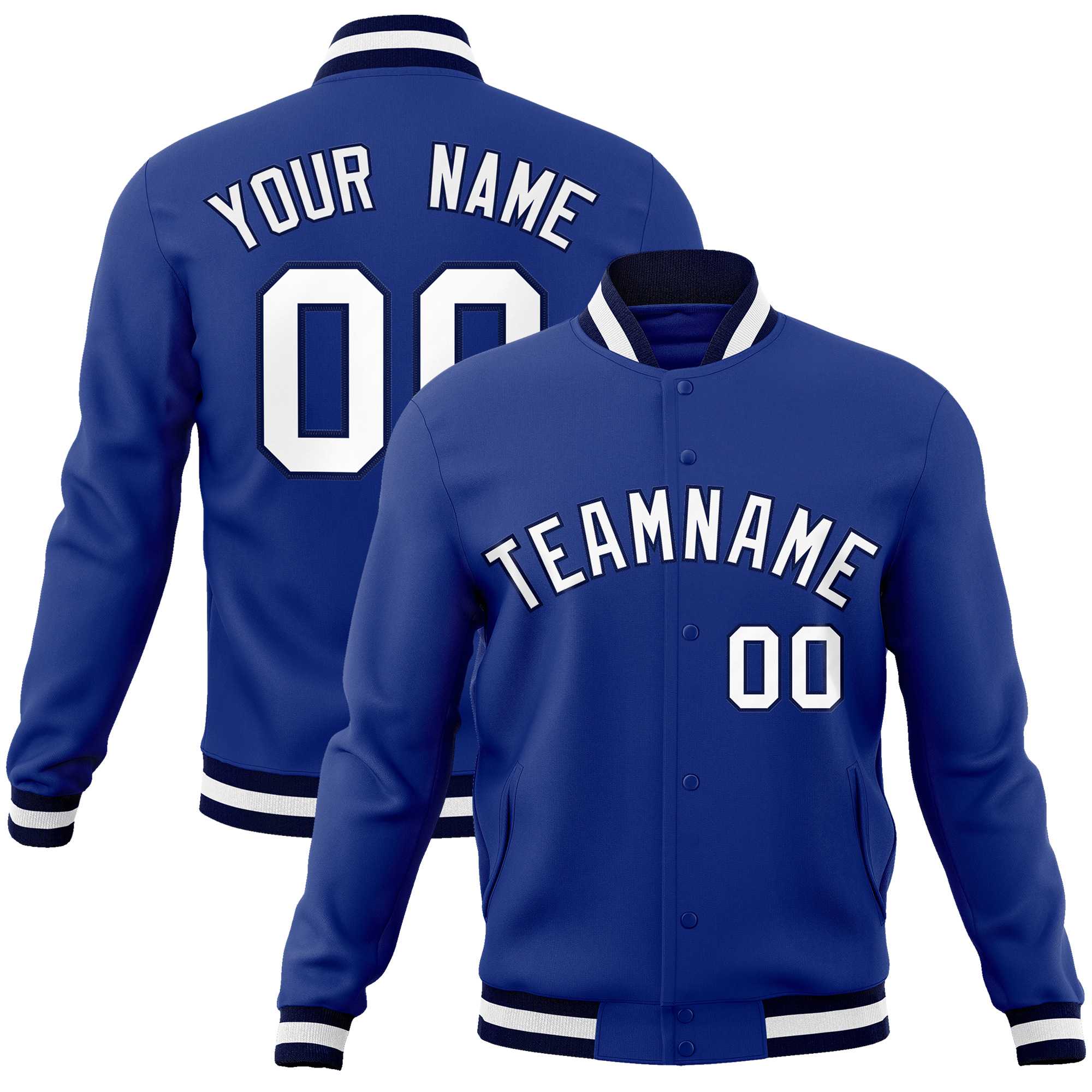 Custom Royal White-Navy Classic Style Varsity Full-Snap Letterman Jacket