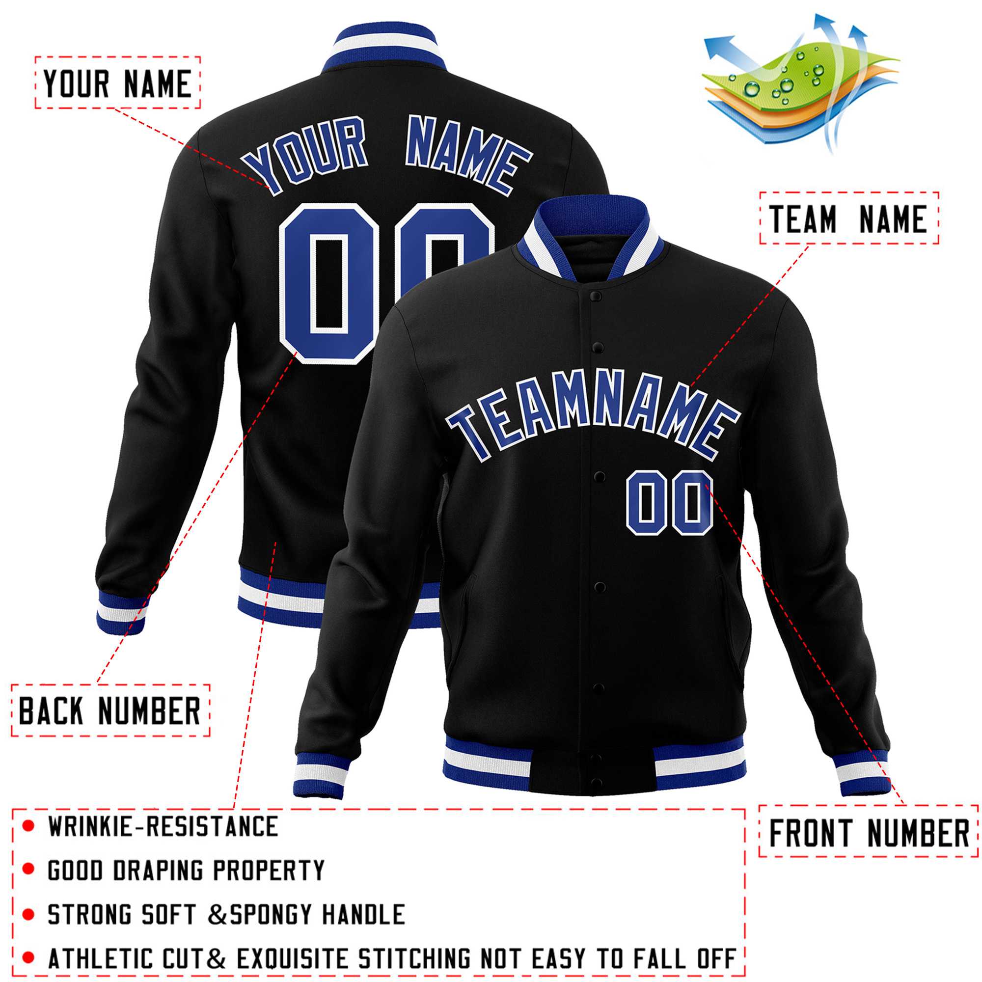 Custom Black Royal-White Classic Style Varsity Full-Snap Letterman Jacket