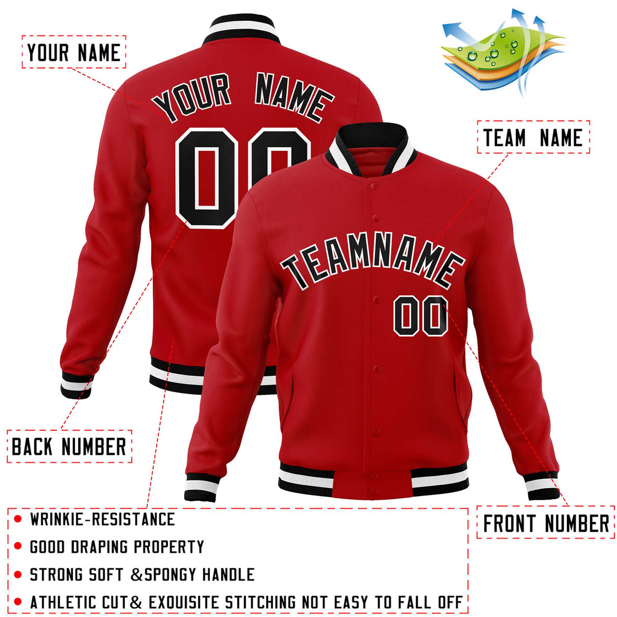 Custom Red Black-White Classic Style Varsity Full-Snap Letterman Jacket