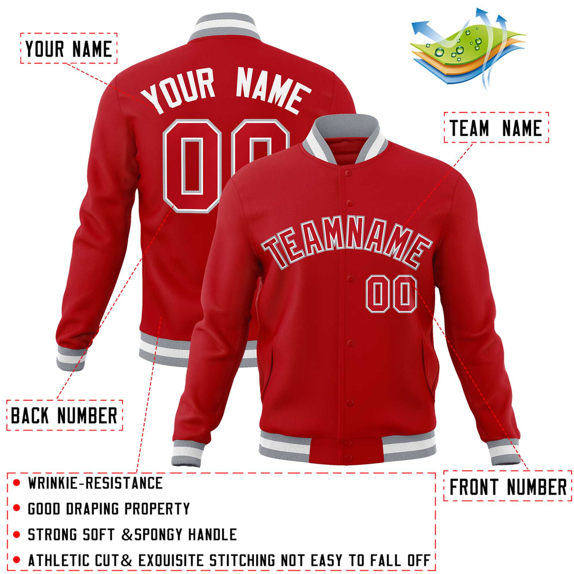 Custom Red Red-Gray Classic Style Varsity Full-Snap Letterman Jacket