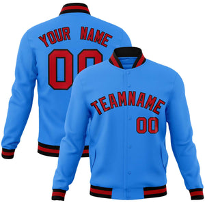 Custom Powder Blue Red-Black Classic Style Varsity Full-Snap Letterman Jacket