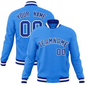 Custom Powder Blue Royal-White Classic Style Varsity Full-Snap Letterman Jacket