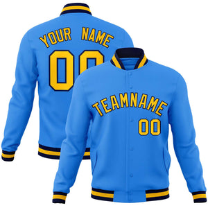 Custom Powder Blue Gold-Navy Classic Style Varsity Full-Snap Letterman Jacket