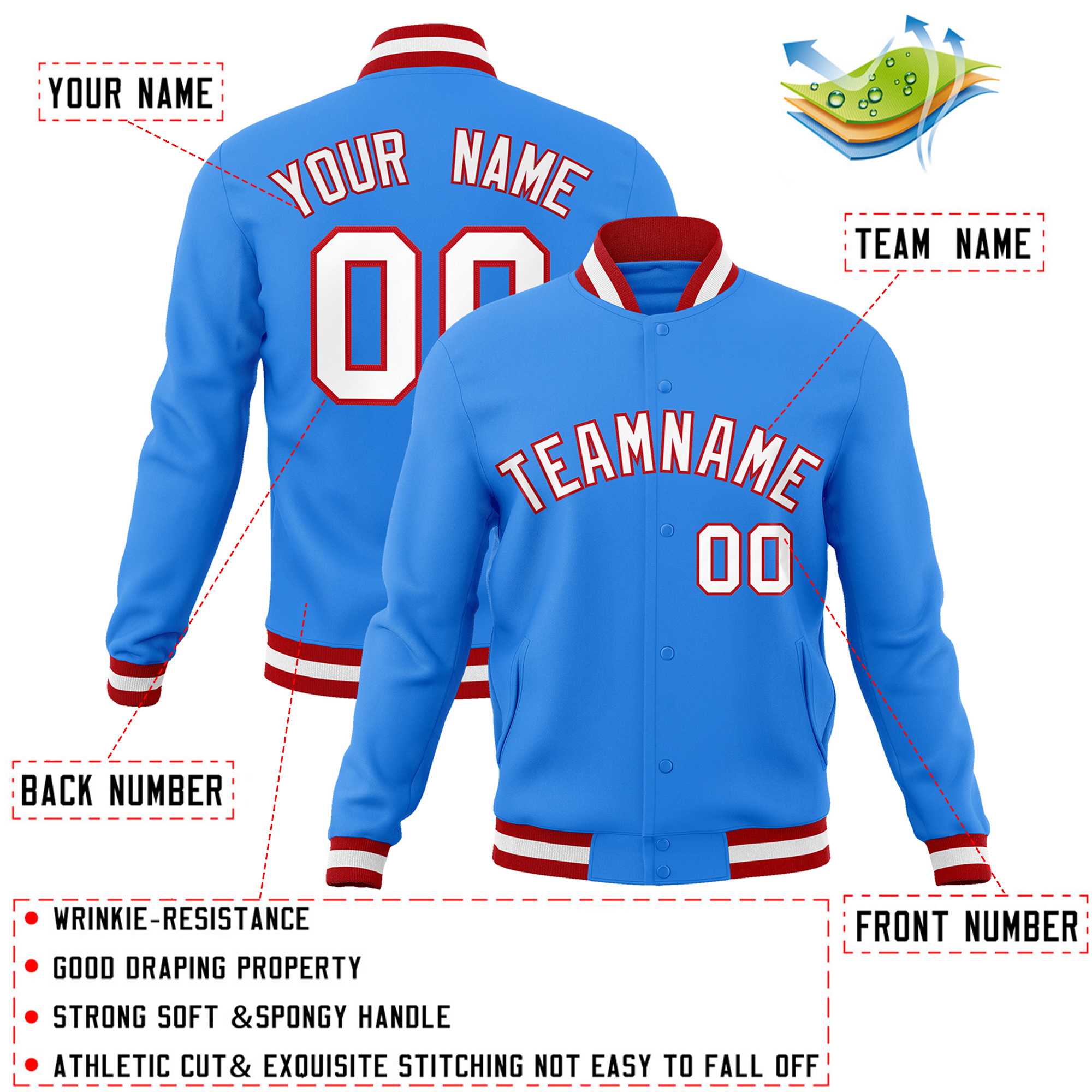 Custom Powder Blue White-Red Classic Style Varsity Full-Snap Letterman Jacket