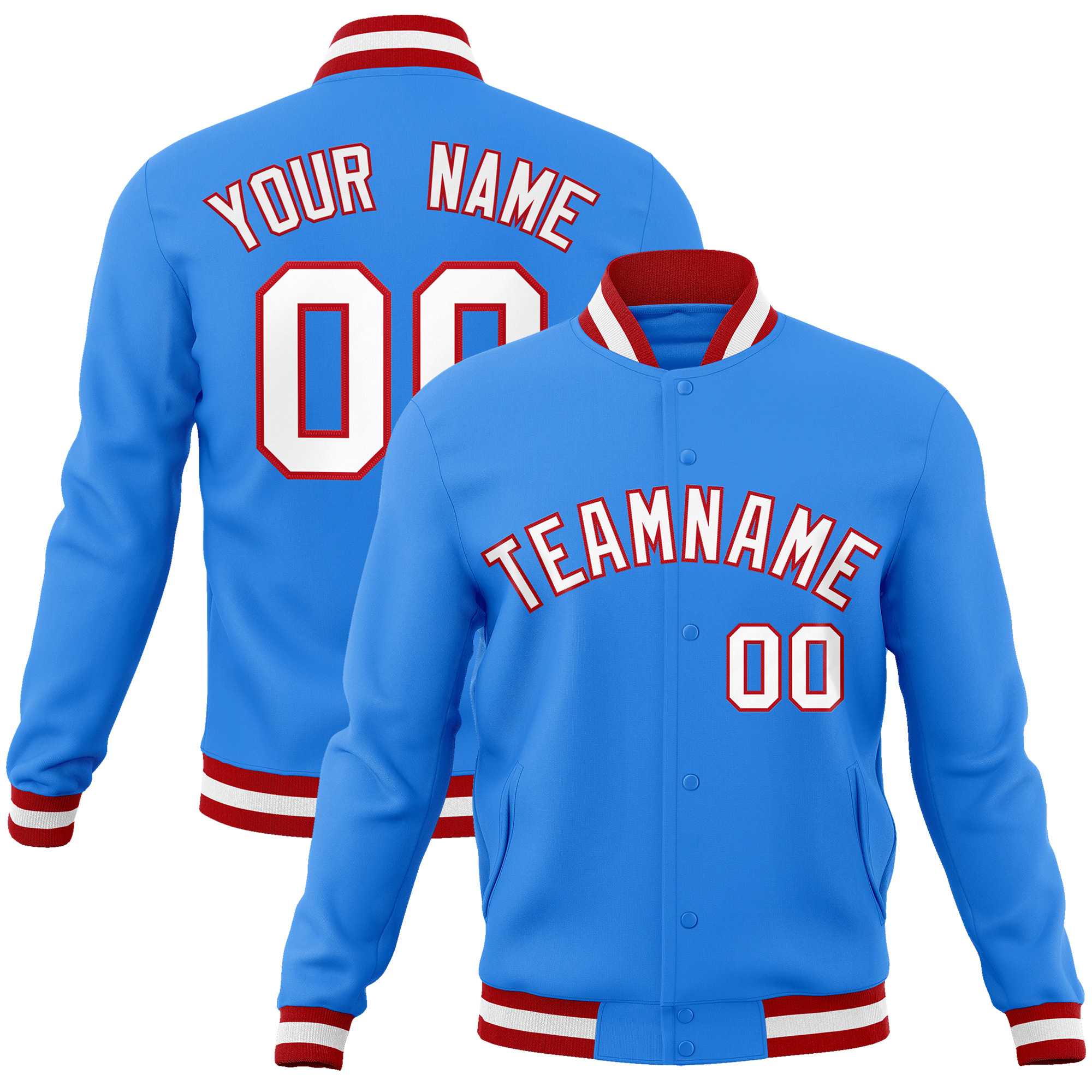 Custom Powder Blue White-Red Classic Style Varsity Full-Snap Letterman Jacket