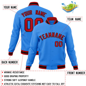 Custom Powder Blue Red-Black Classic Style Varsity Full-Snap Letterman Jacket