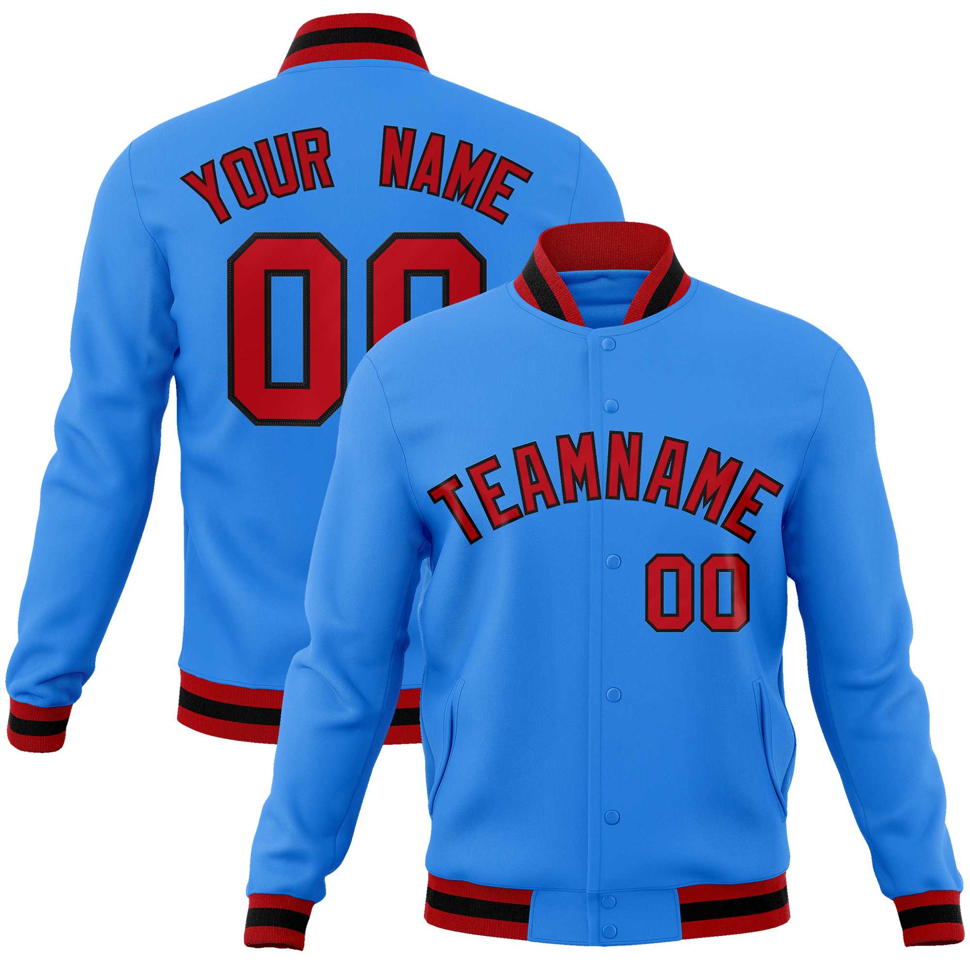 Custom Powder Blue Red-Black Classic Style Varsity Full-Snap Letterman Jacket