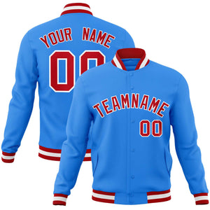 Custom Powder Blue Red-White Classic Style Varsity Full-Snap Letterman Jacket