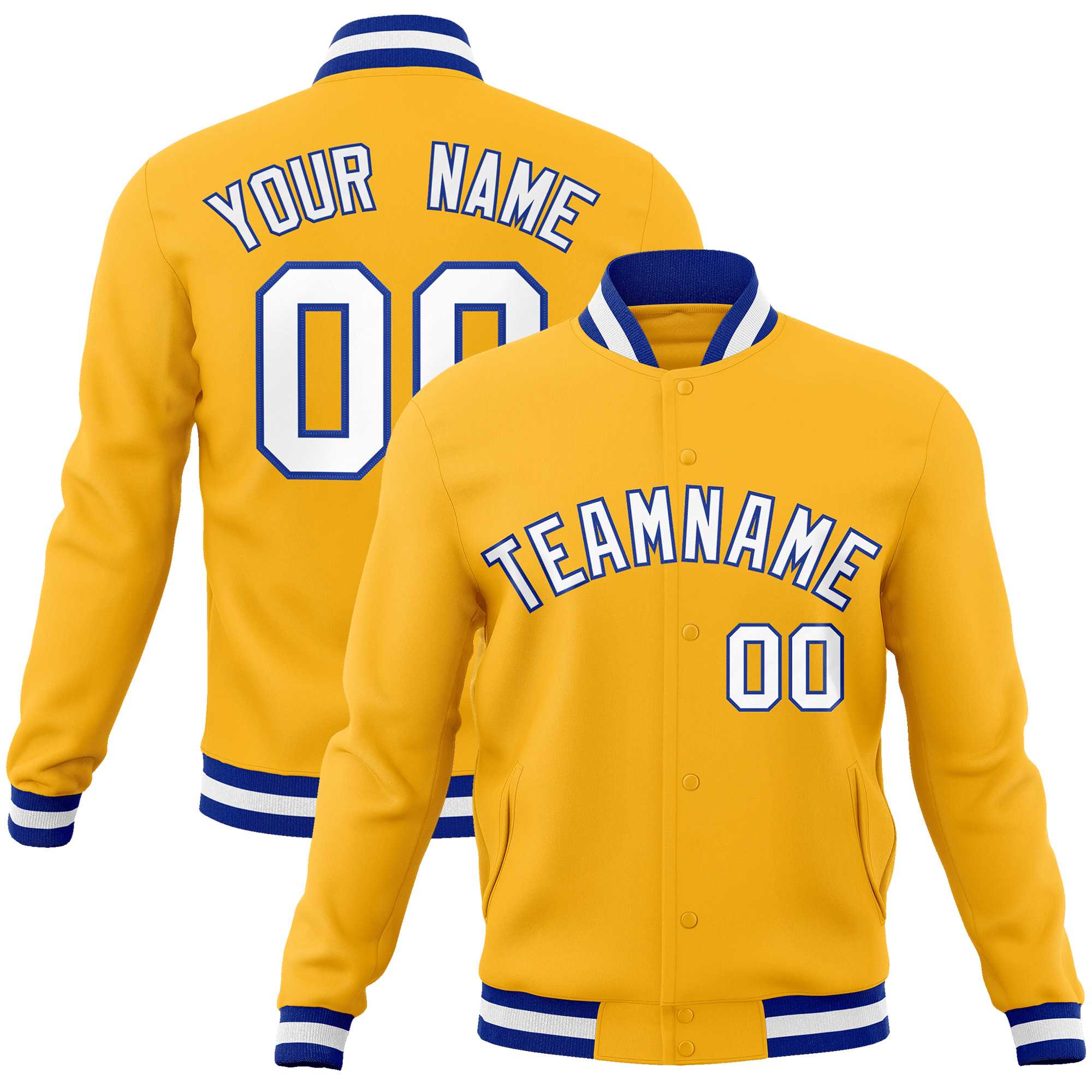 Custom Gold White-Royal Classic Style Varsity Full-Snap Letterman Jacket