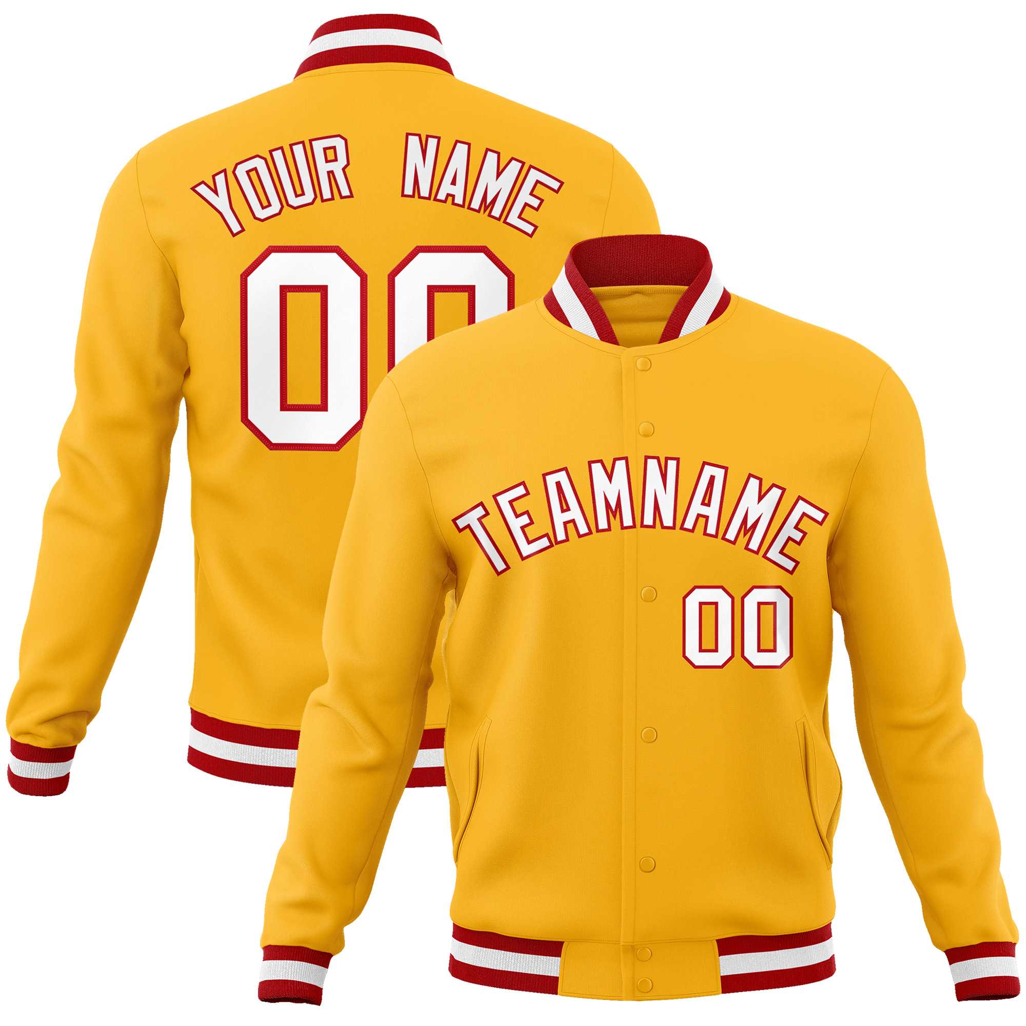 Custom Gold White-Red Classic Style Varsity Full-Snap Letterman Jacket