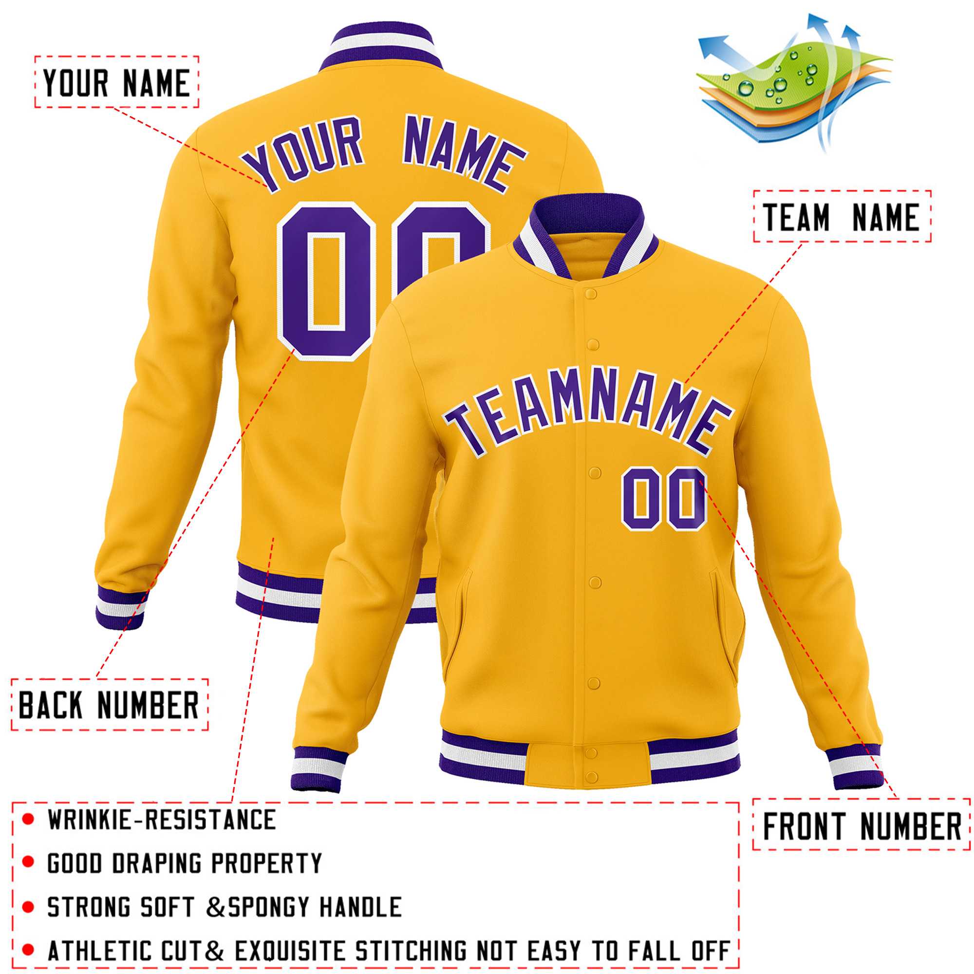 Custom Gold Purple-White Classic Style Varsity Full-Snap Letterman Jacket