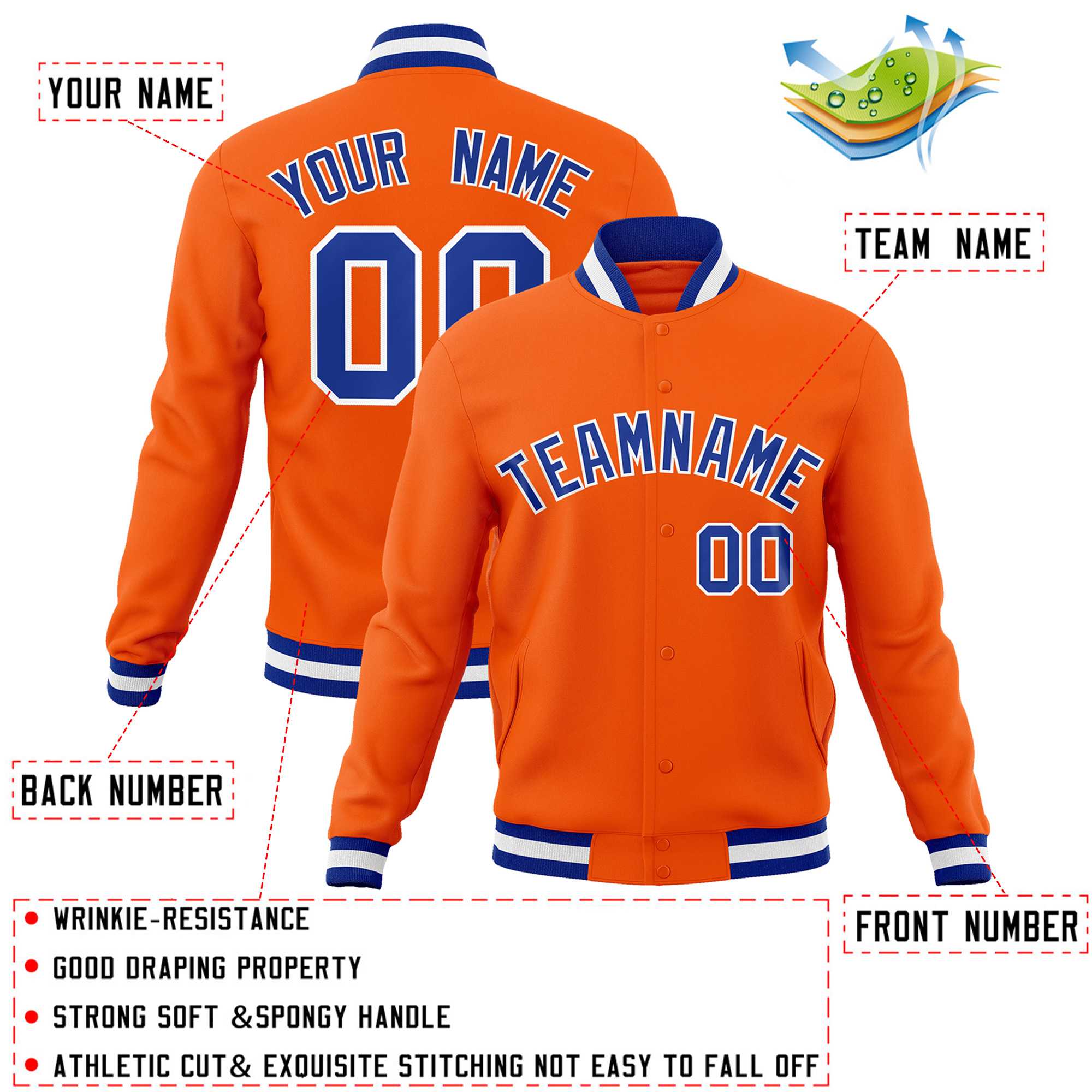 Custom Orange Royal-White Classic Style Varsity Full-Snap Letterman Jacket