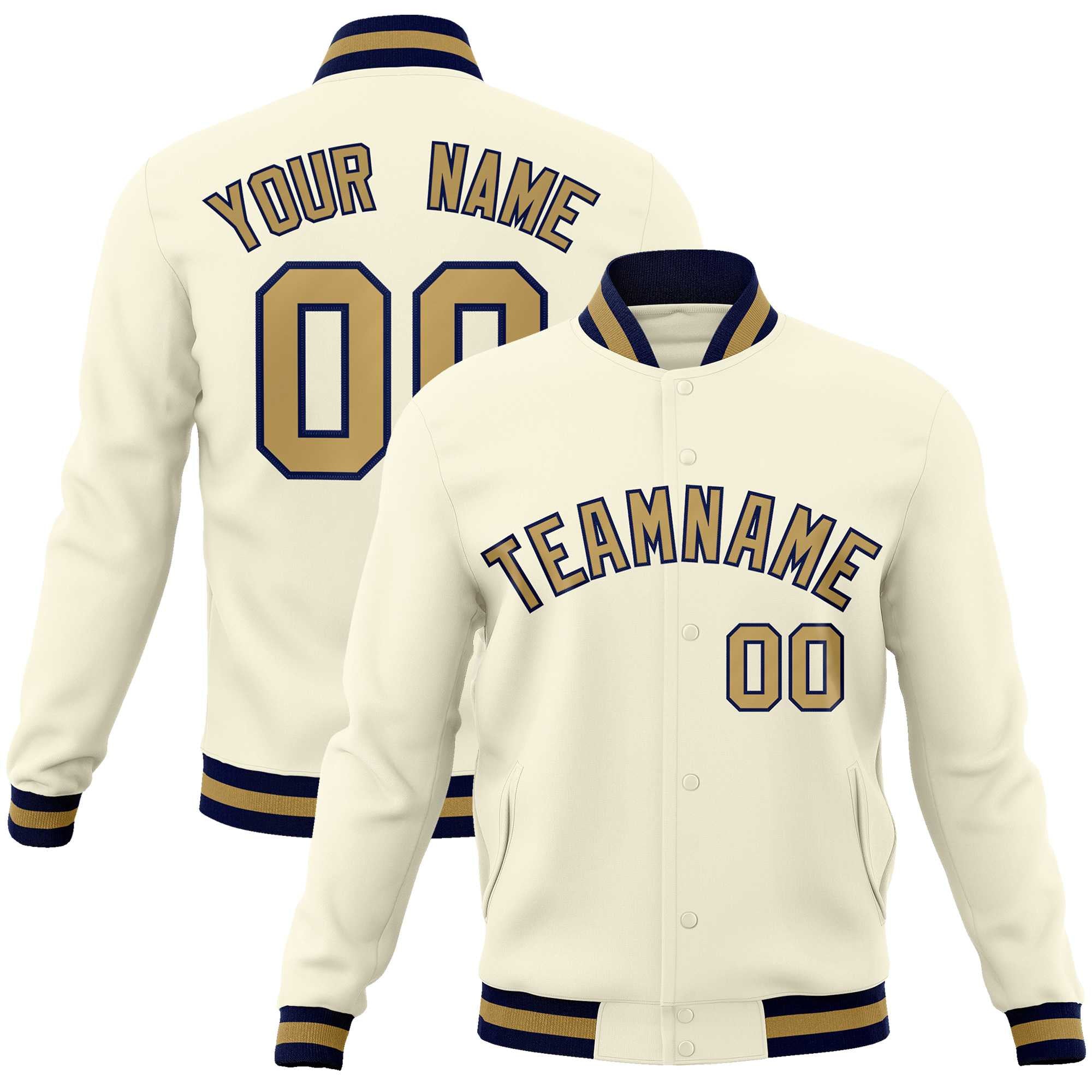 Custom Khaki Old Gold-Navy Classic Style Varsity Full-Snap Letterman Jacket