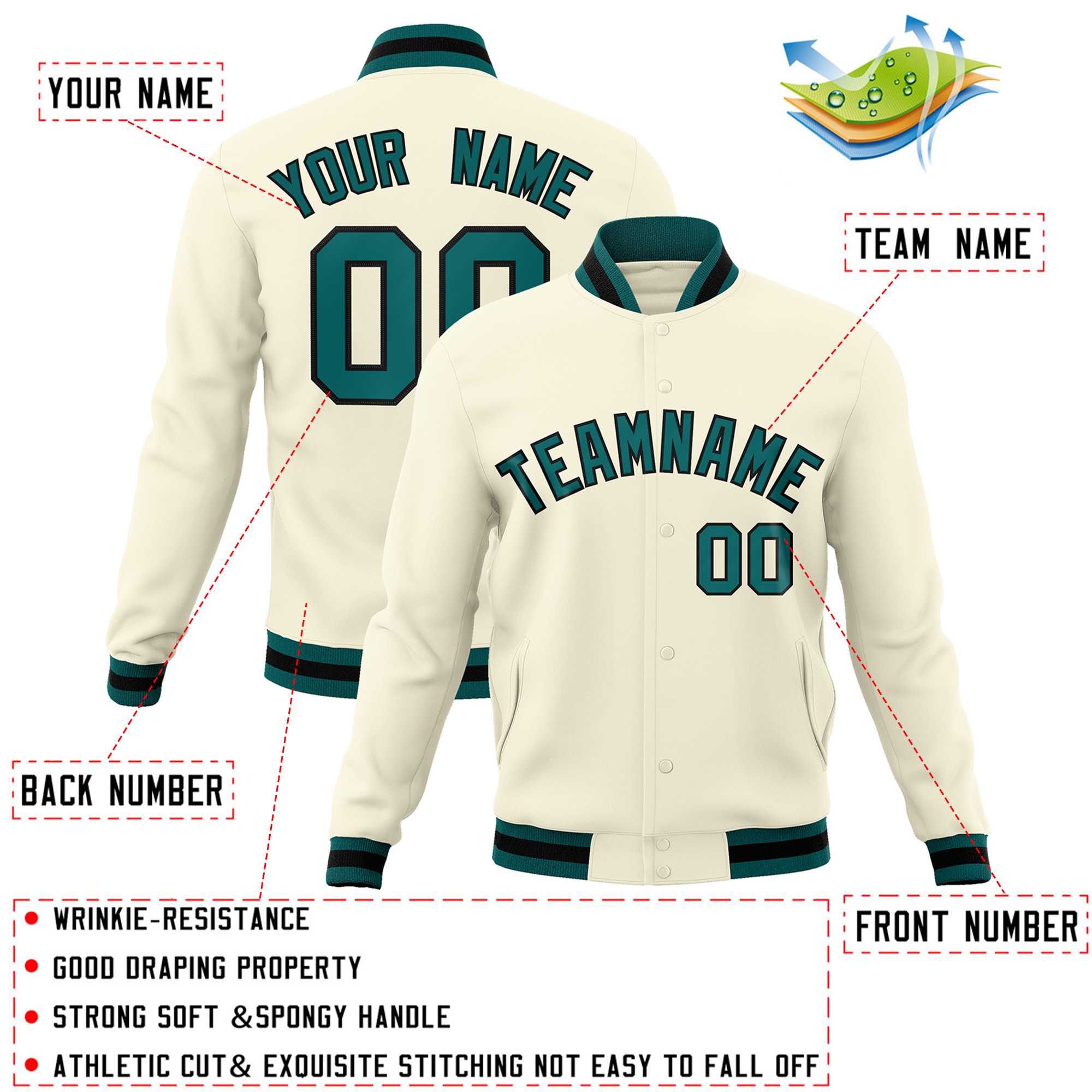 Custom Khaki Aqua-Black Classic Style Varsity Full-Snap Letterman Jacket