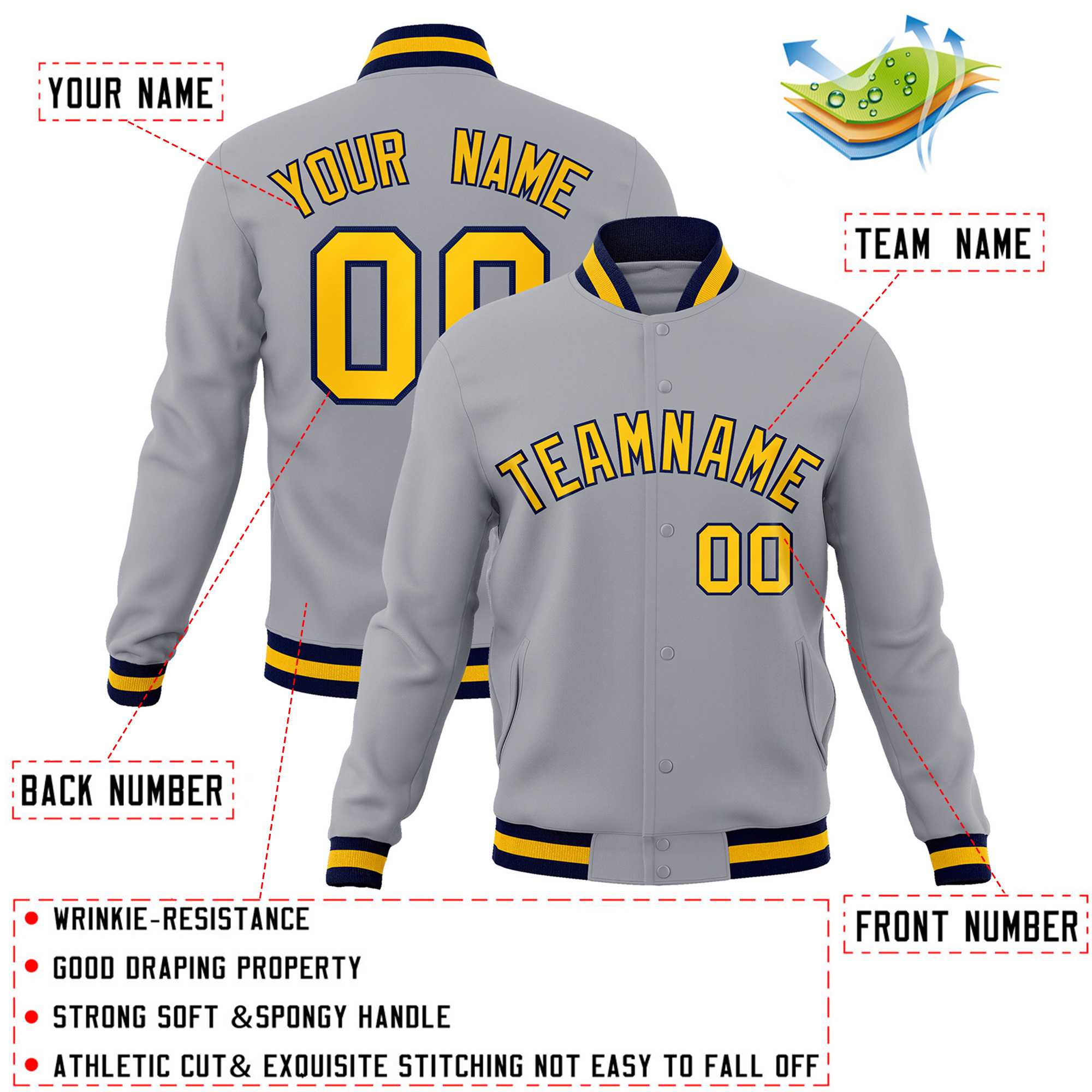 Custom Gray Gold-Navy Classic Style Varsity Full-Snap Letterman Jacket