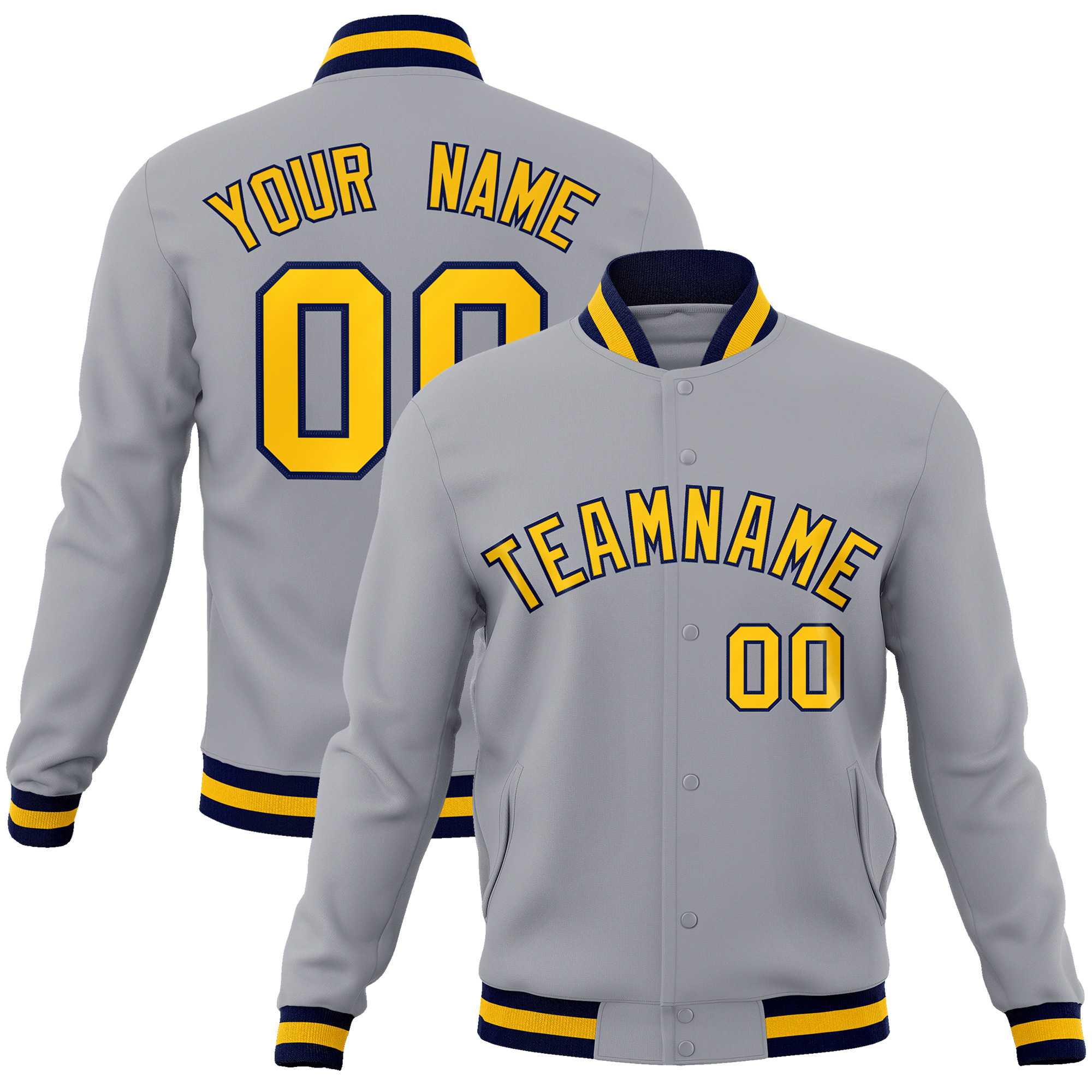 Custom Gray Gold-Navy Classic Style Varsity Full-Snap Letterman Jacket