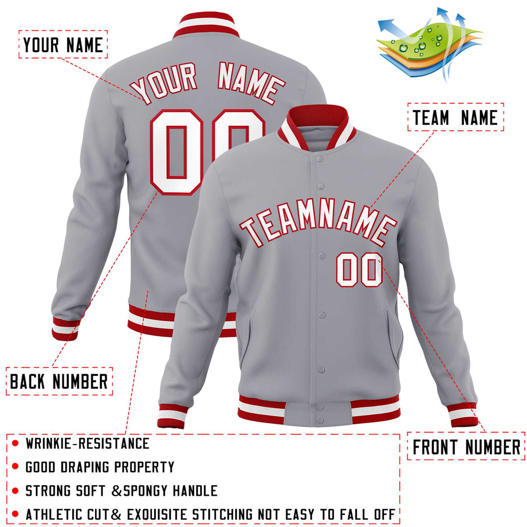 Custom Gray White-Red Classic Style Varsity Full-Snap Letterman Jacket