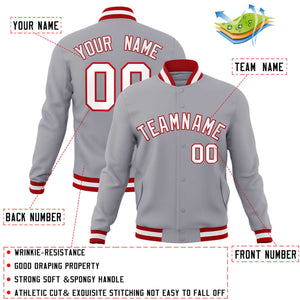 Custom Gray White-Red Classic Style Varsity Full-Snap Letterman Jacket