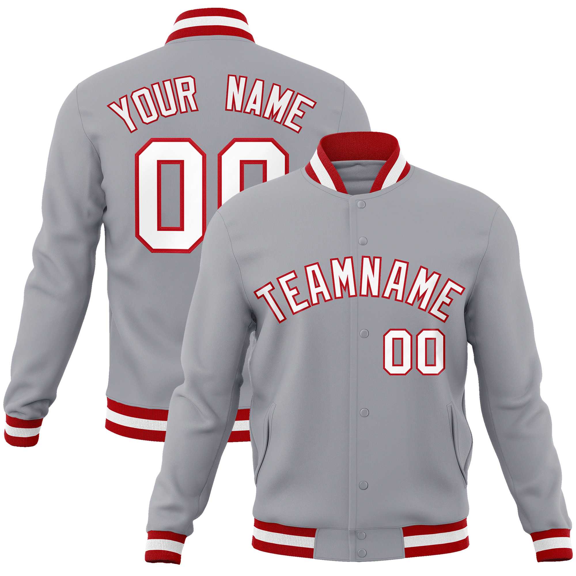 Custom Gray White-Red Classic Style Varsity Full-Snap Letterman Jacket