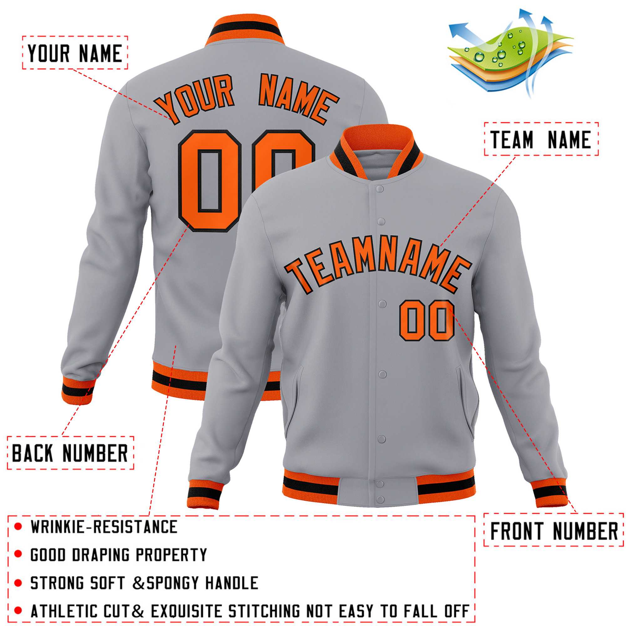 Custom Gray Orange-Black Classic Style Varsity Full-Snap Letterman Jacket