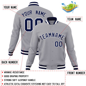 Custom Gray Navy-White Classic Style Varsity Full-Snap Letterman Jacket