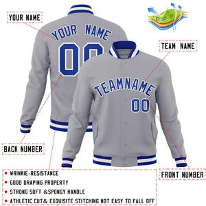 Custom Gray Royal-White Classic Style Varsity Full-Snap Letterman Jacket