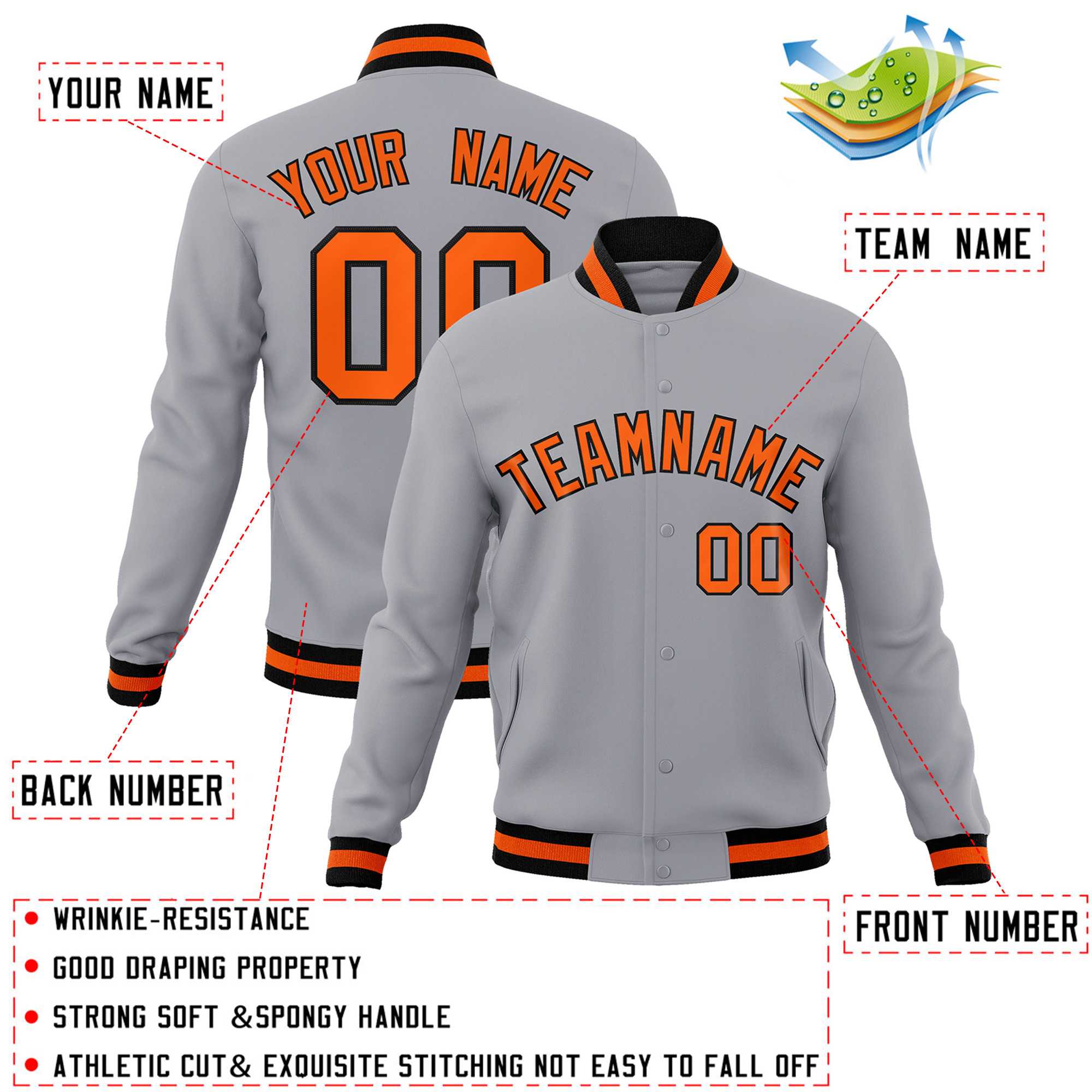 Custom Gray Orange-Black Classic Style Varsity Full-Snap Letterman Jacket