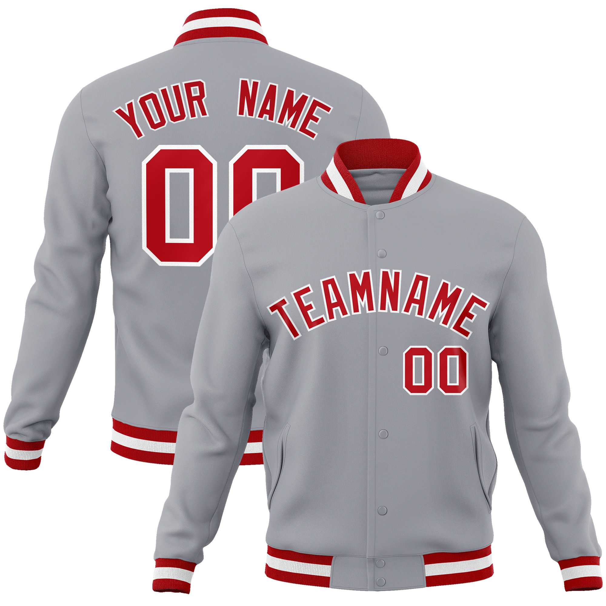 Custom Gray Red-White Classic Style Varsity Full-Snap Letterman Jacket