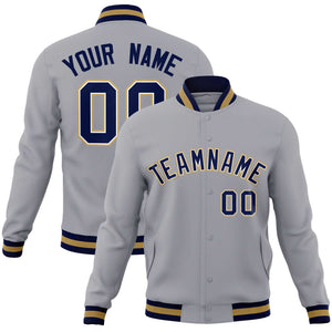 Custom Gray Navy-Old Gold Classic Style Varsity Full-Snap Letterman Jacket