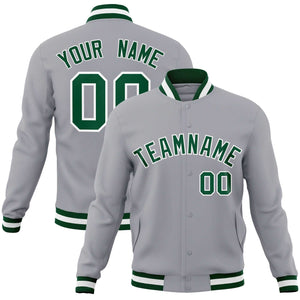 Custom Gray Green-White Classic Style Varsity Full-Snap Letterman Jacket