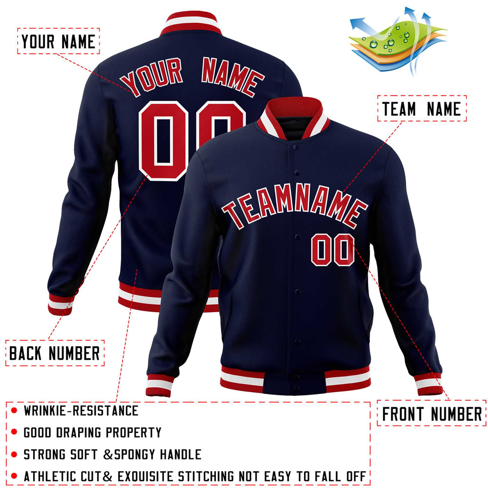 Custom Navy Red-White Classic Style Varsity Full-Snap Letterman Jacket