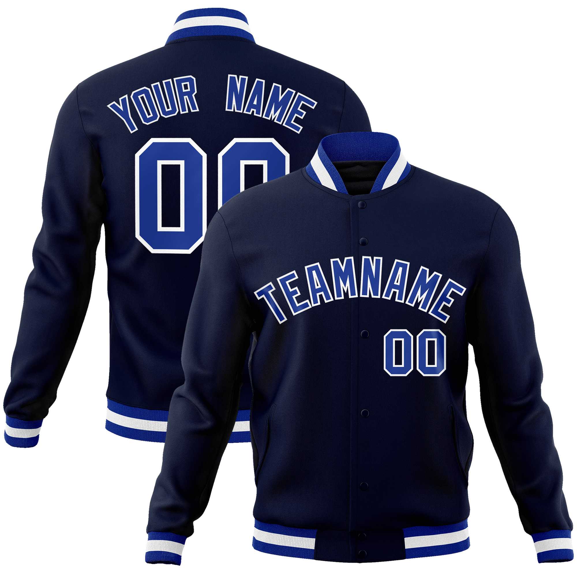 Custom Navy Royal-White Classic Style Varsity Full-Snap Letterman Jacket