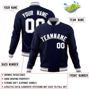 Custom Navy White-Gray Classic Style Varsity Full-Snap Letterman Jacket