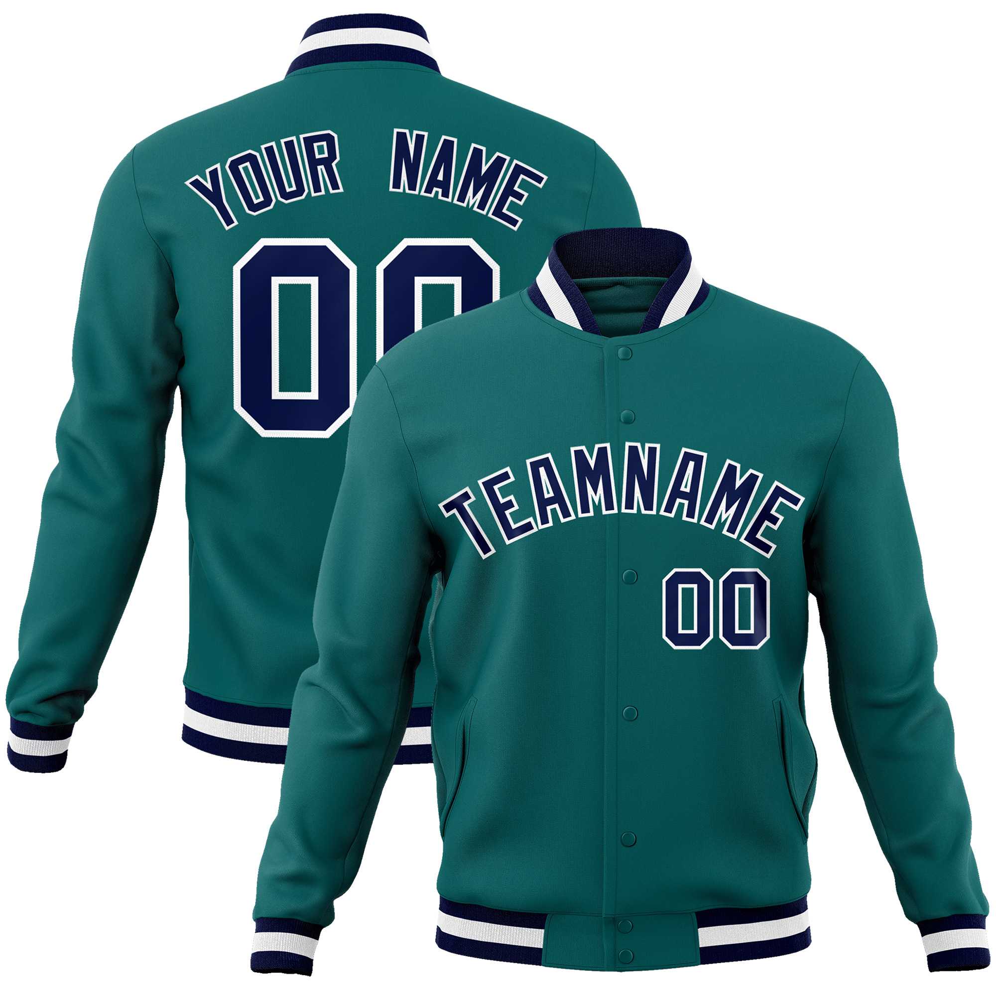 Custom Aqua Navy-White Classic Style Varsity Full-Snap Letterman Jacket