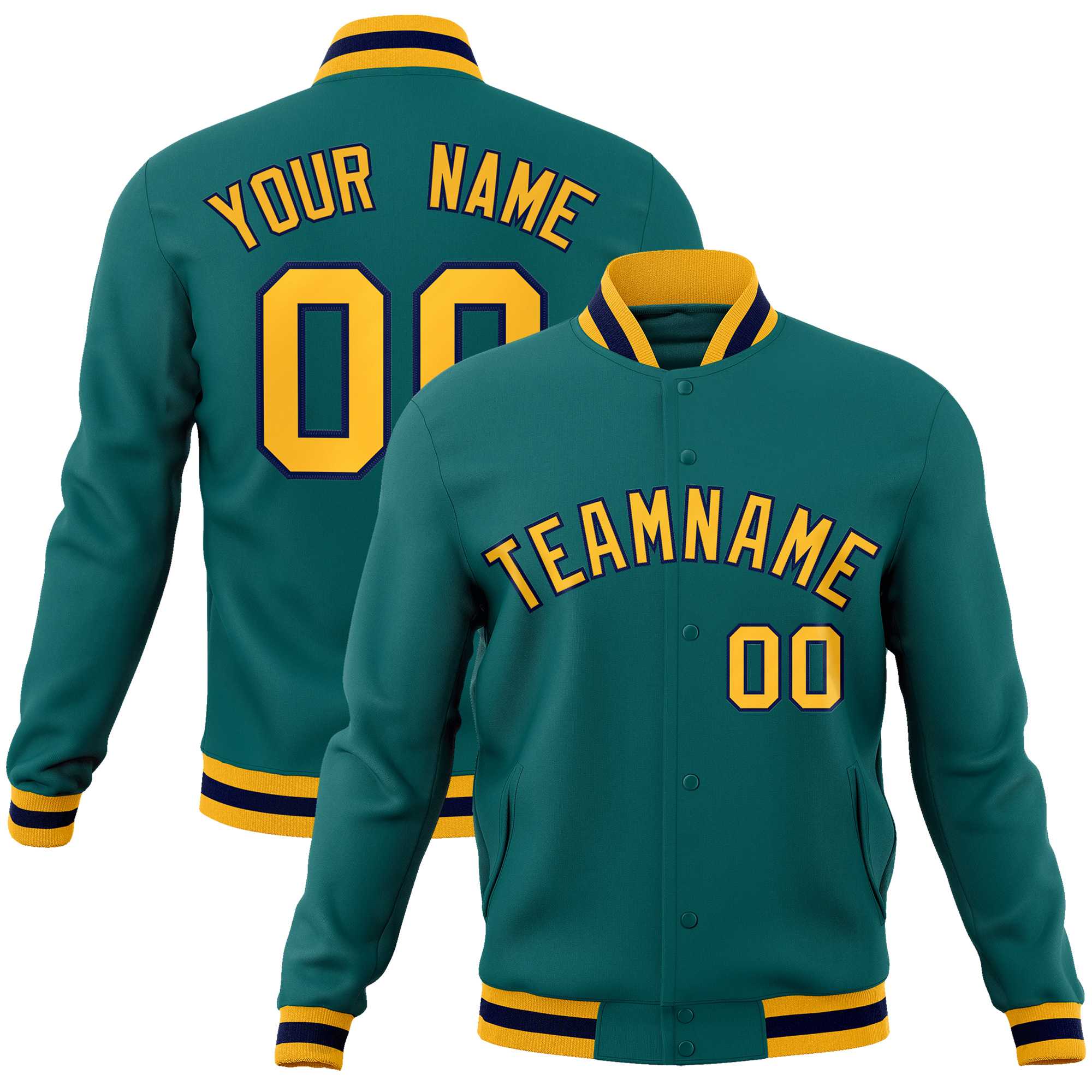 Custom Aqua Gold-Navy Classic Style Varsity Full-Snap Letterman Jacket