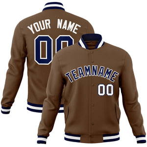 Custom Light Brown Navy-White Classic Style Varsity Full-Snap Letterman Jacket