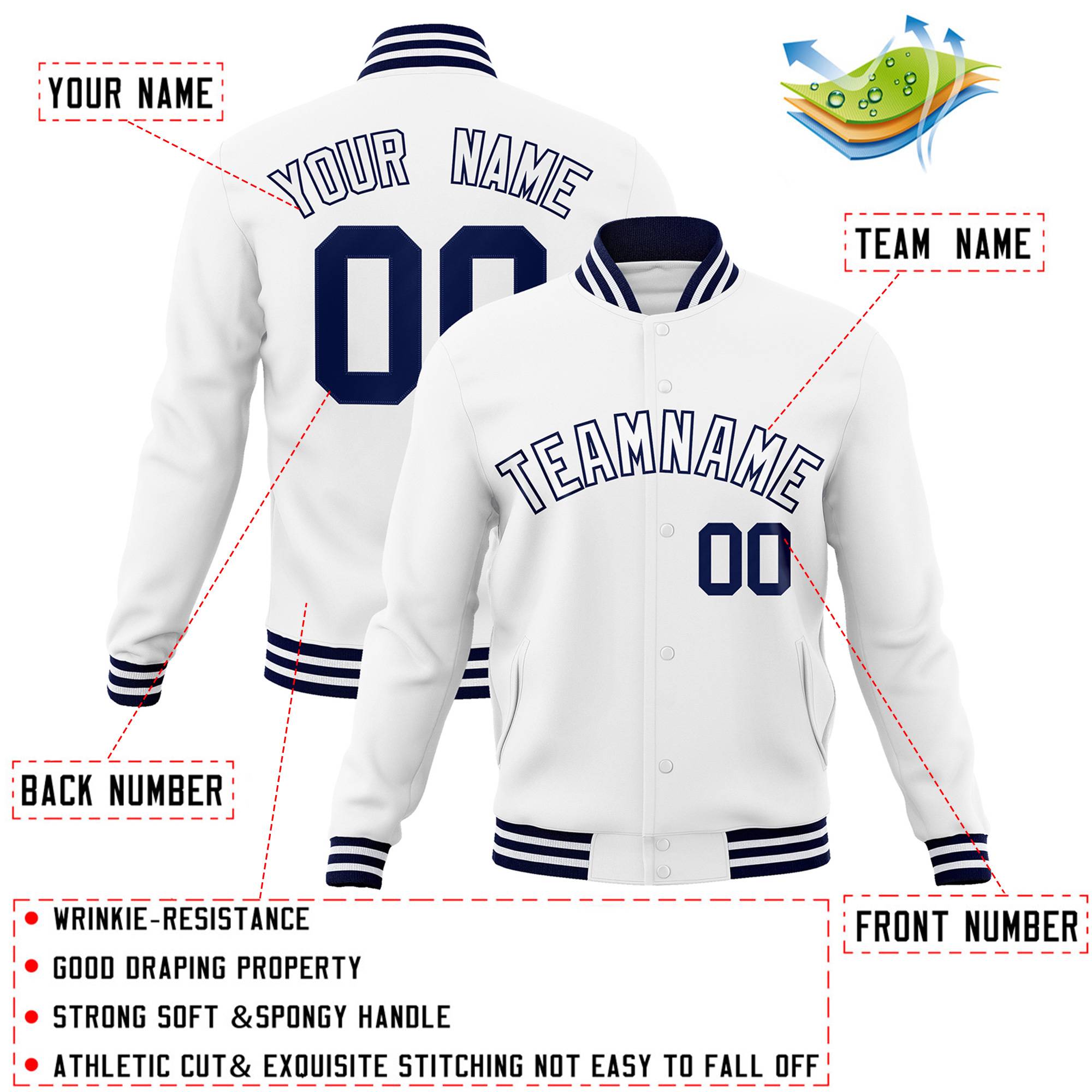 Custom White White-Navy Classic Style Varsity Full-Snap Letterman Jacket